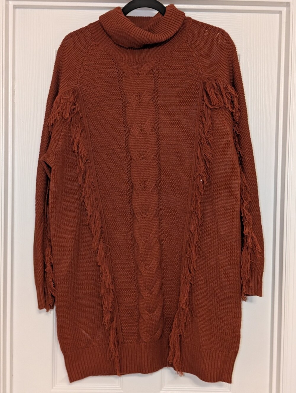BTFBM Rust Fringe Cable-Knit Turtleneck Sweater Dress